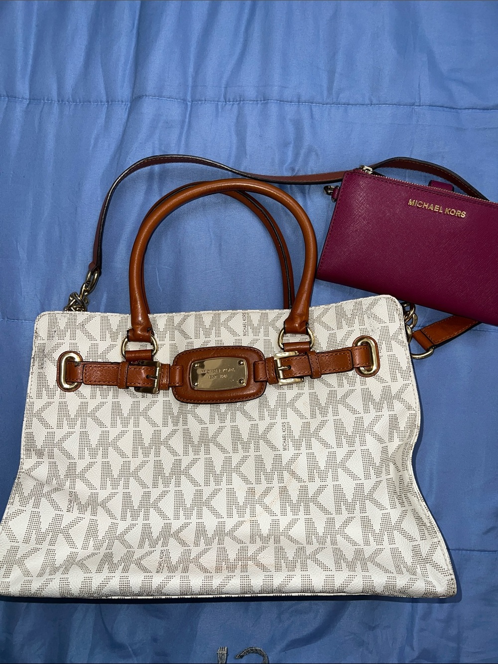Michael Kors White MK Logo Satchel with Brown Leather with free wristlet.